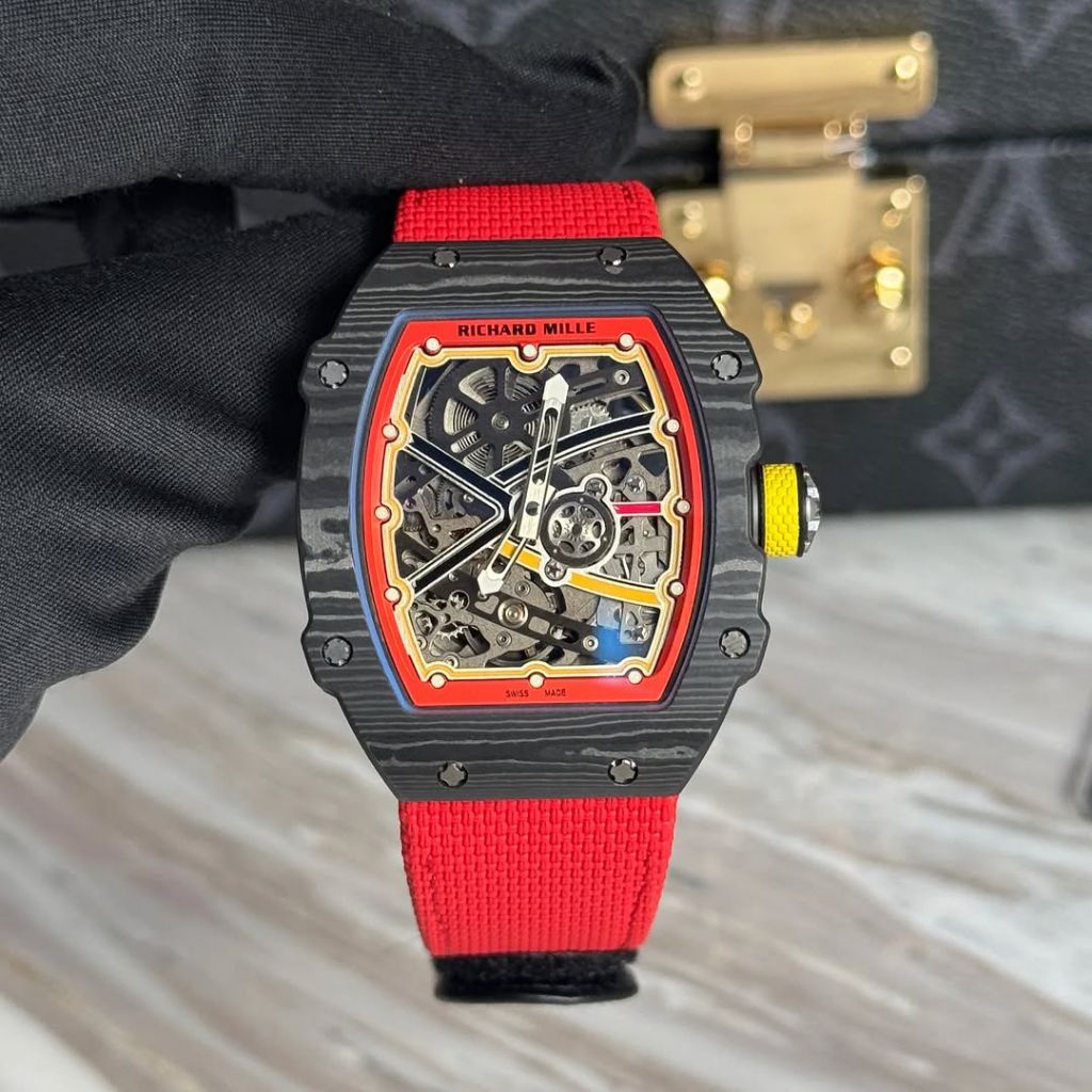 Jam Tangan Pria Skeleton Tonneau Sport Carbon – Strap Merah Automatic Style Richard Mille