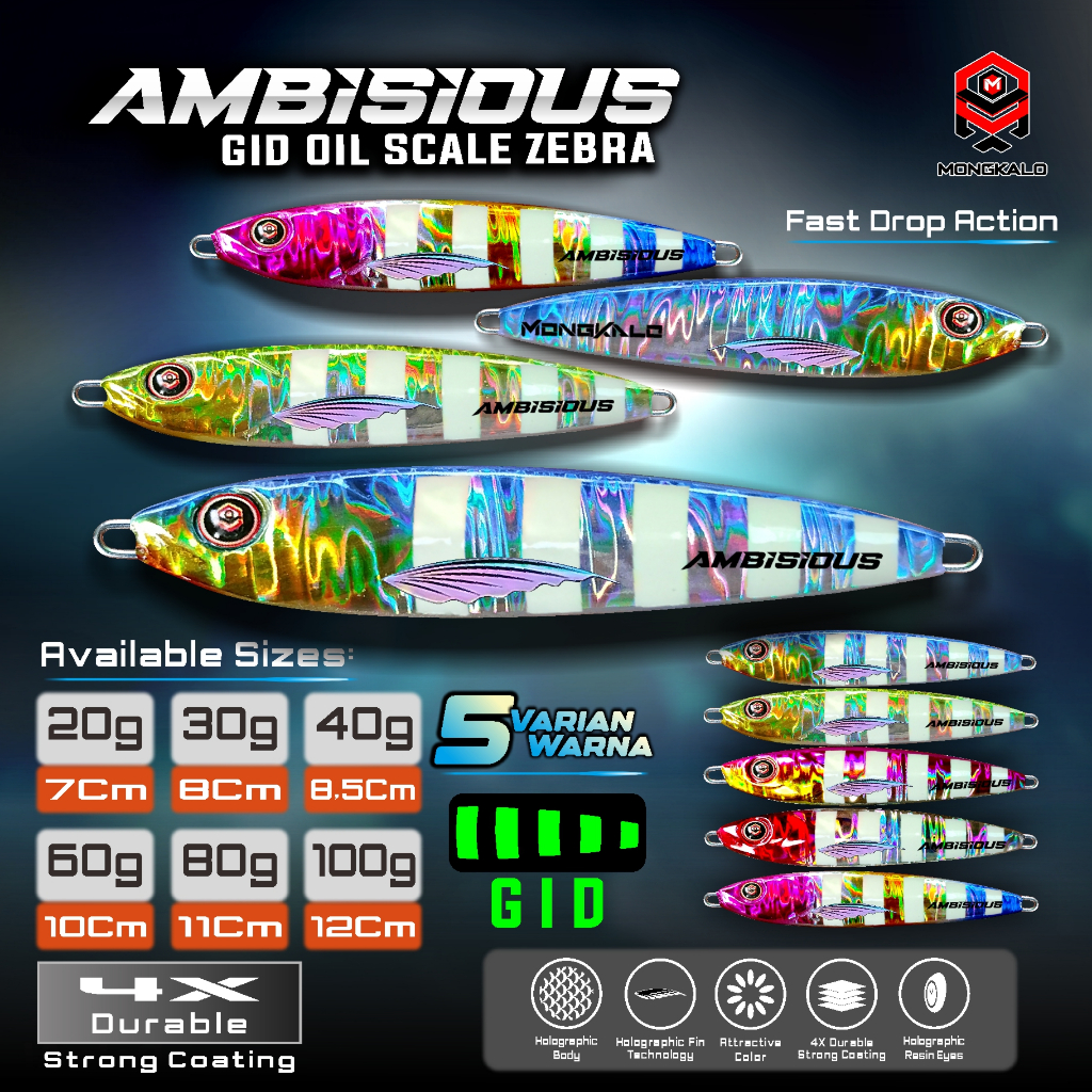 Metal Jig MONGKALO AMBISIOUS GID UV Zebra motif minyak 20 g 30 gr 40g 60 80 100 gram - Umpan Jigging