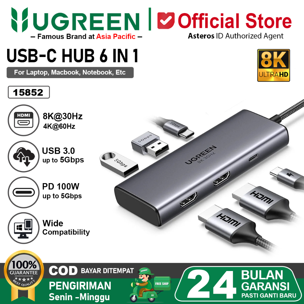 UGREEN Hub 6IN1 Type C to Dual HDMI 8K/30Hz 4K/60Hz USB 3.0 PD 100w Fast Charging 15852
