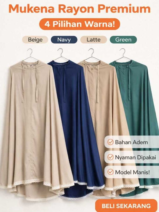 MUKENA POLOS Bahan Rayon Adem dan Dingin, Bahan Jatoh. Renda Putih Mukena Muslim