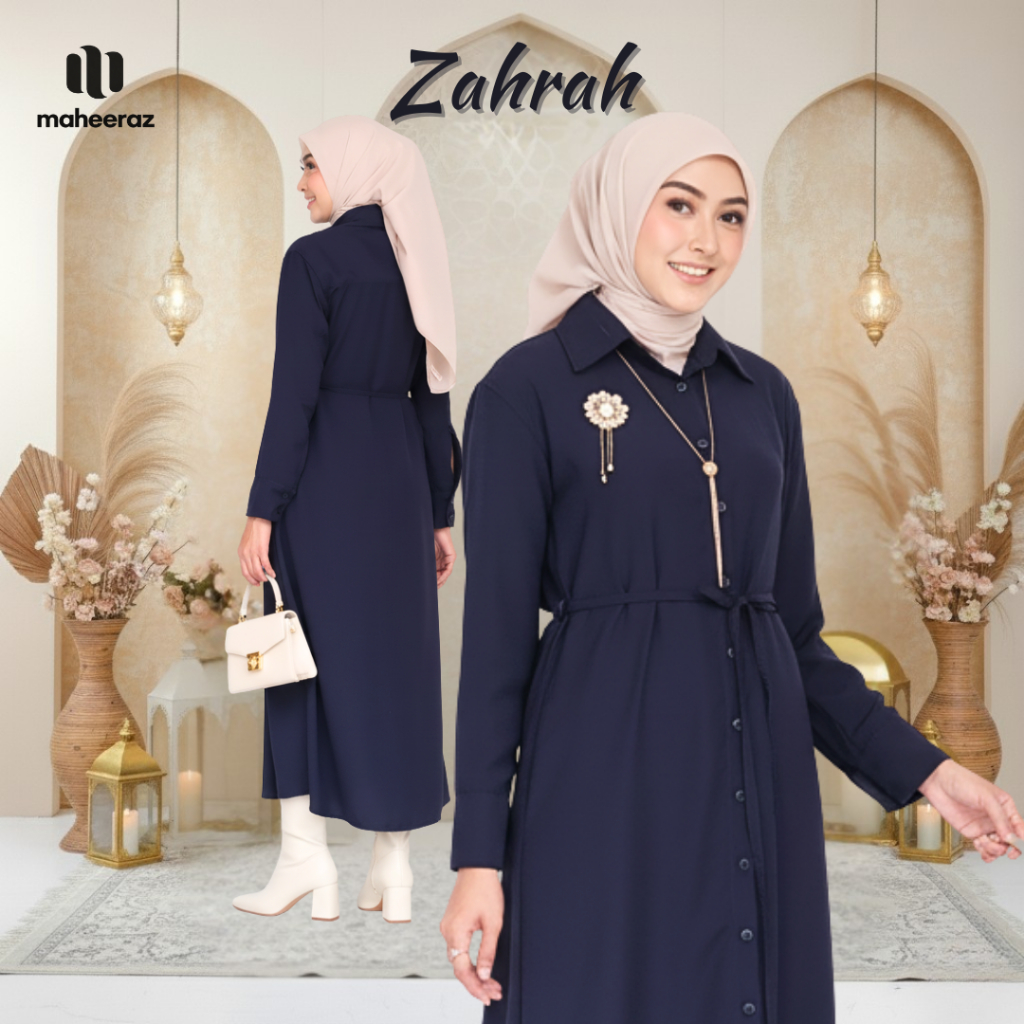 Maheeraz Zahrah Dress Gamis Wanita Kekinian Baju Lebaran Wanita 2026 Mewah Elegan Biru Navy