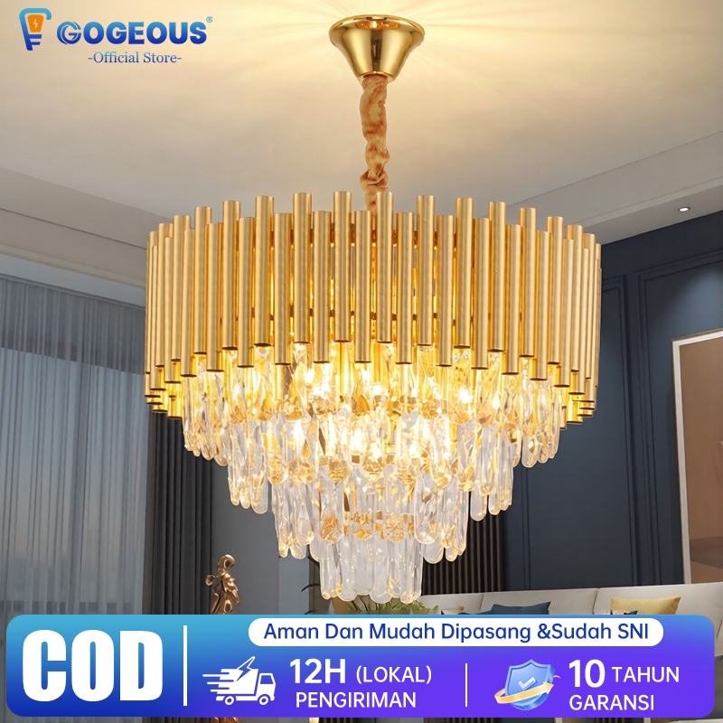 COD Lampu Gantung Kristal Tamu Mewah LED Ruang Tamu 3 Warna Emas A-107 Lampu Gantung Kristal Hias