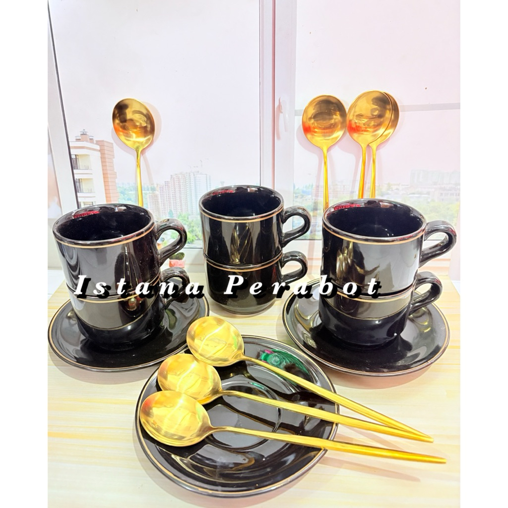 1 SET GELAS KERAMIK LIST EMAS (6 GELAS + 6 TATAKAN) FREE SENDOK MAKAN CANGKIR KOPI KERAMIK