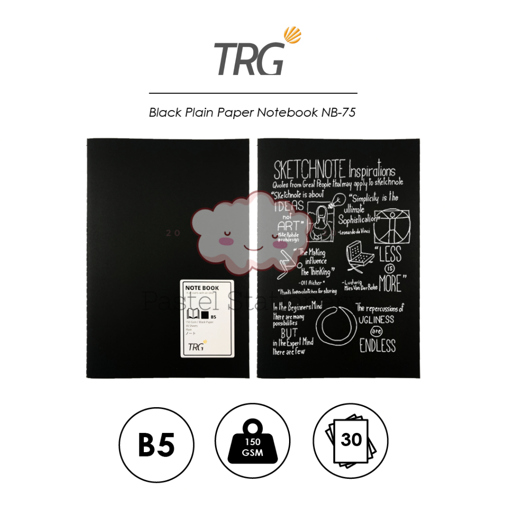 TRG Black Plain Paper Notebook B5 NB-75 - Buku Tulis Catatan A5 Hitam Polos Motif Plain TRG