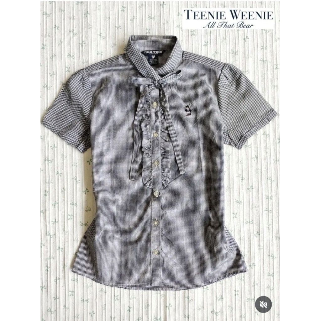 [Teenie Weenie] kemeja pendek blouse plaid kotak kotak hitam pita ruffle vintage historical