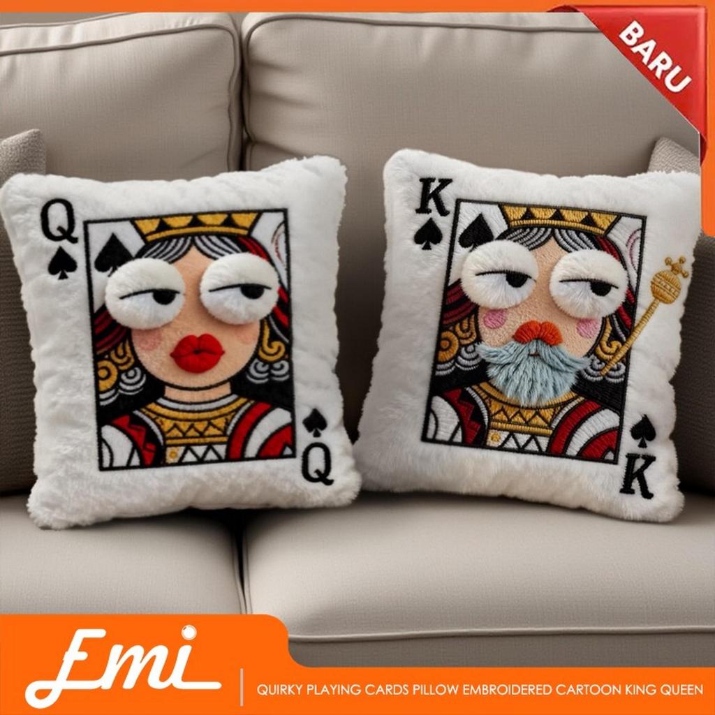 Bantal Sofa Bordir 3D King & Queen Playing Card Face Cushion | Spades Plush Pillow | Whimsical Home 