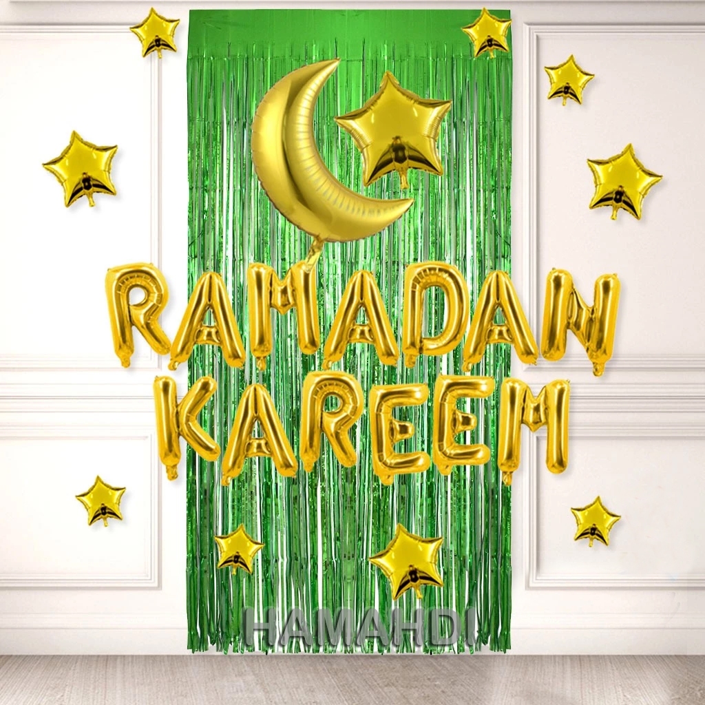 HMD Paket Dekorasi Ramadan Kareem Tirai Warna Hijau Balon Huruf Ramadan Kareem Balon Sabit Gold Dan 
