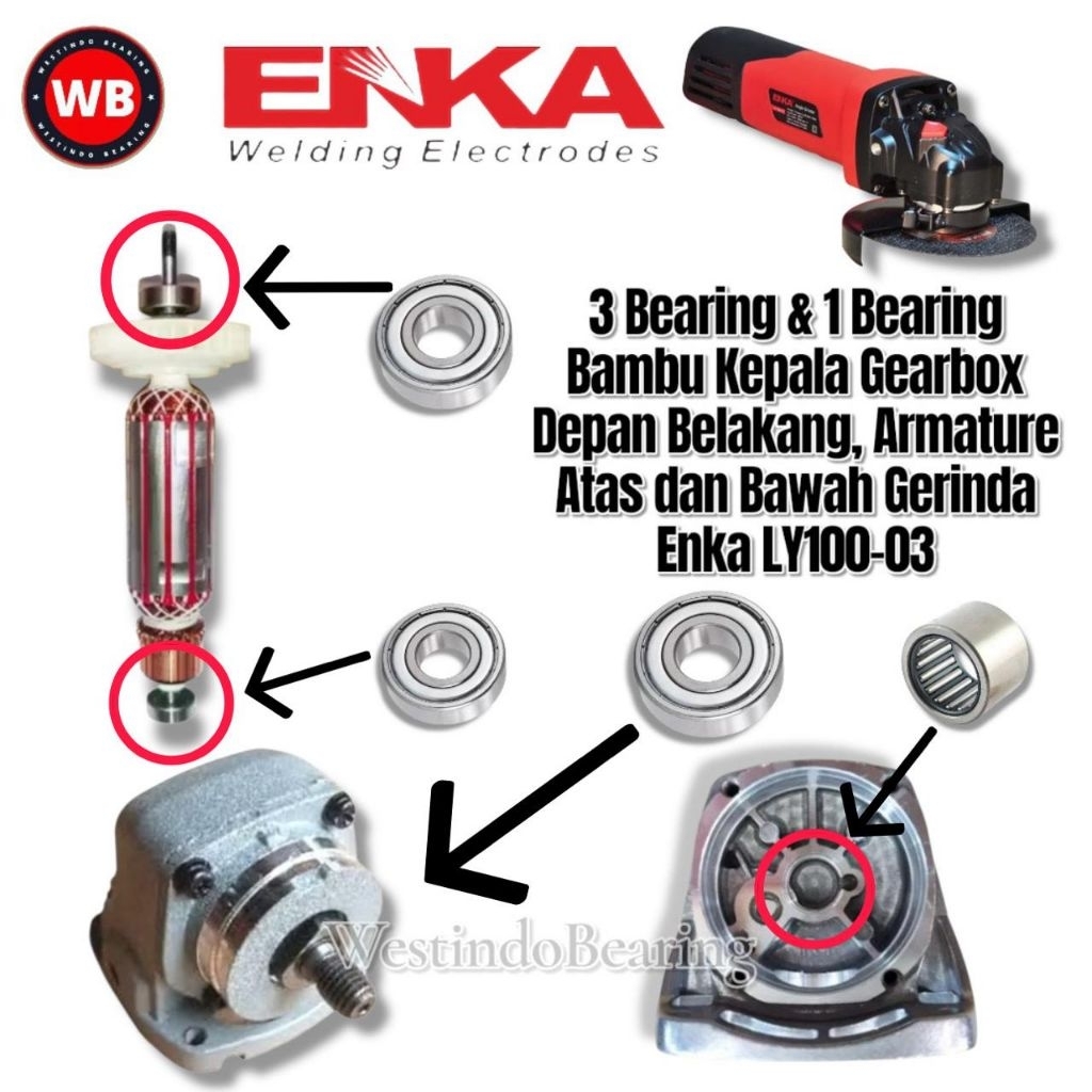 Bearing Set 4pcs Gerinda Enka LY100-03 Laher Bambu Laker Lahar Klahar Gearbox Kepala Depan Belakang 