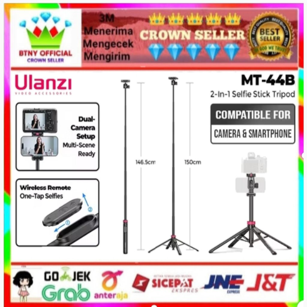 ULANZI MT-44B 2-IN-1Selfie Stick  Tripod for Camera & Smartpone HP Ulanzi MT44B MT-44 B MT44 B Mini 