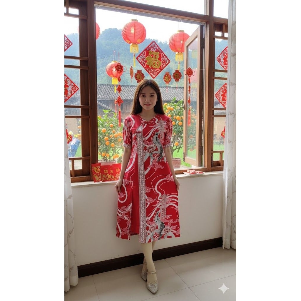 DRESS BATIK KEKINIAN/DRESS BATIK KHUSUS MERAH/DRESS CHEONGSAM IMLEK 2026/DRESS BATIK IMLEK/DRESS IML