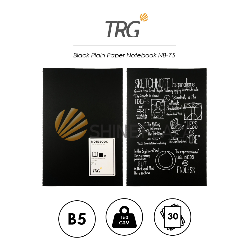 TRG Black Plain Paper Notebook B5 NB-75 - Buku Tulis Catatan B5 Hitam Polos Motif Plain TRG