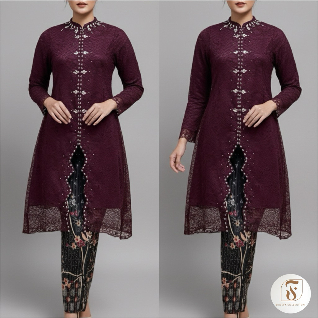 Dheefa-Set Kebaya Tunik Modern Wanita Bahan Brokat kombinasi Payet Terbaru Baju Wisuda Pesta Elegan 