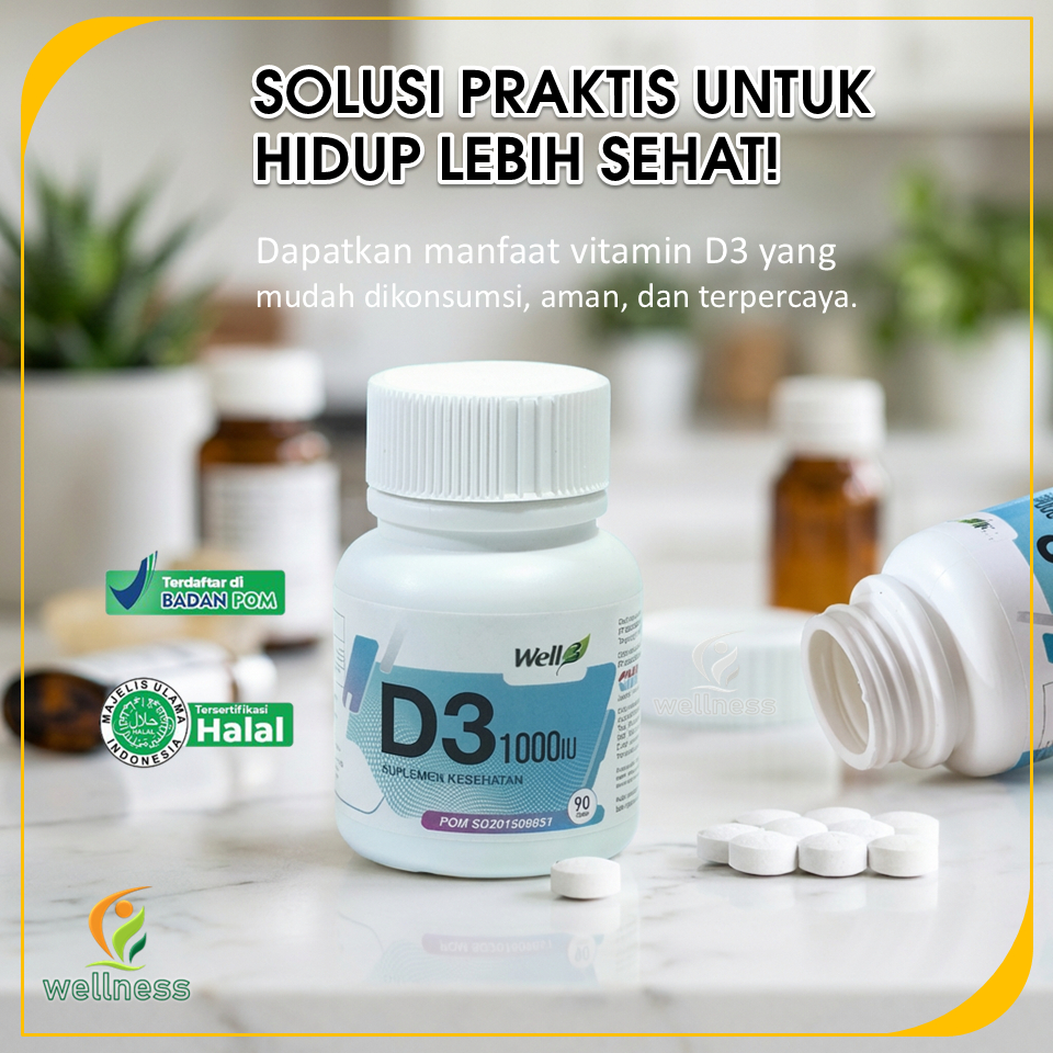 Well3 D3 1000 IU – Vitamin D3 untuk Imunitas & Tulang | 90 Tablet | BPOM & Halal MUI