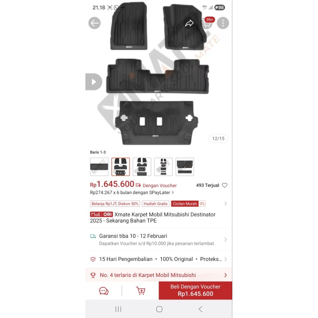 (PRELOVE) Xmate Karpet Mobil Mitsubishi Distinator - bahan TPE