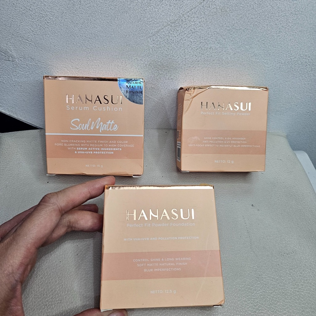 Hanasui Serum Cushion Soulmatte, Perfect Fit Setting Powder, and Perfect Fit Powder Foundation