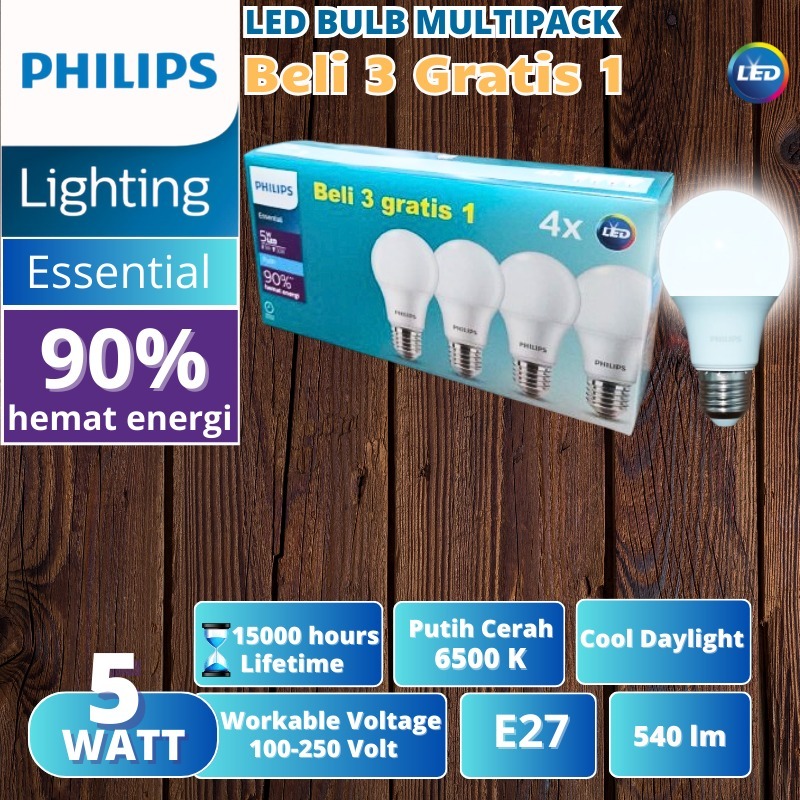 Lampu Philips LED Essential 5W Putih Philips 5 Watt Multipack Paket 3+1 Asli Bergaransi