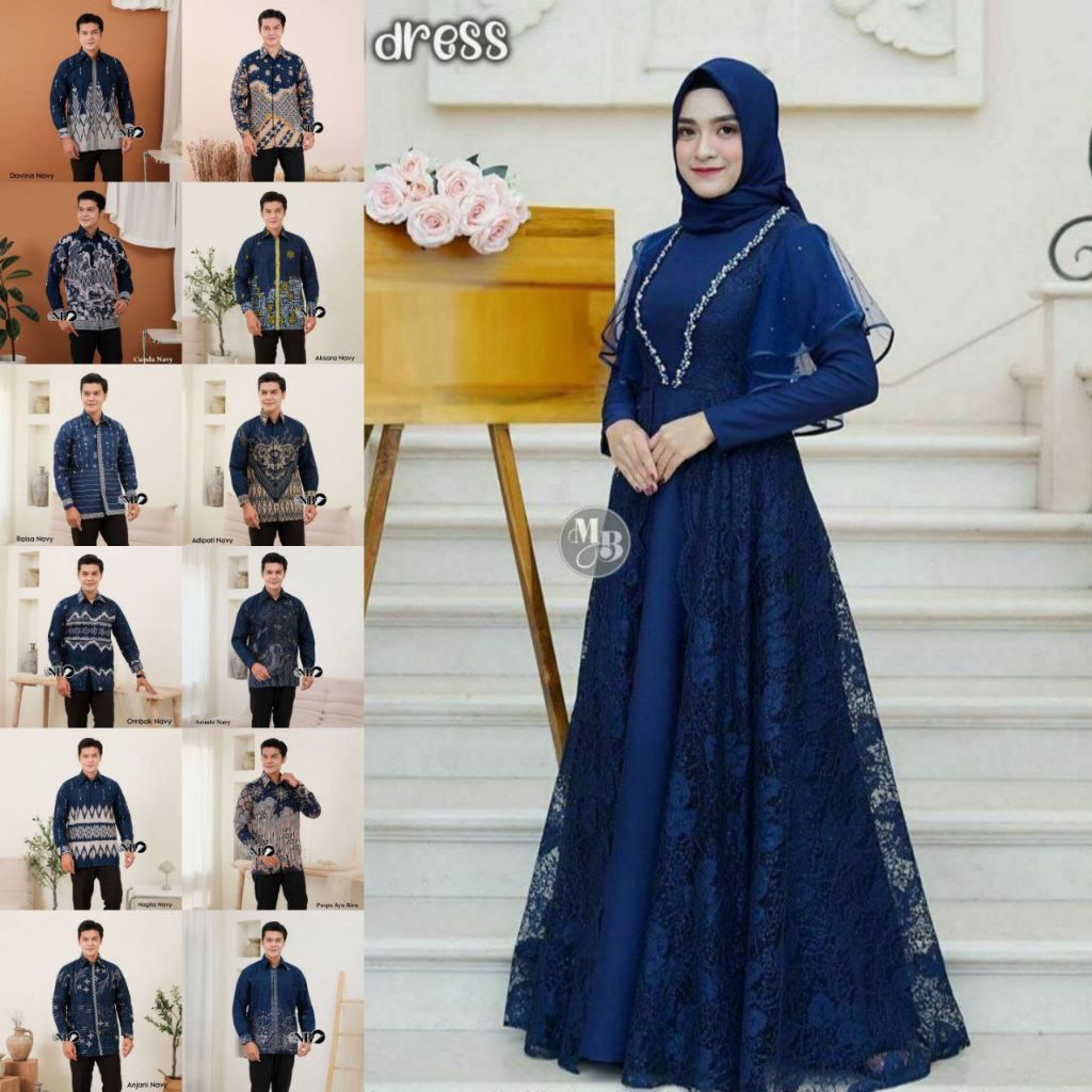 SET HARMONY DRESS NAVY ORI COUPLE KEMEJA PREMIUM / CUSTOM ANAK & JUMBO / BAJU SERAGAM BATIK PASANGAN