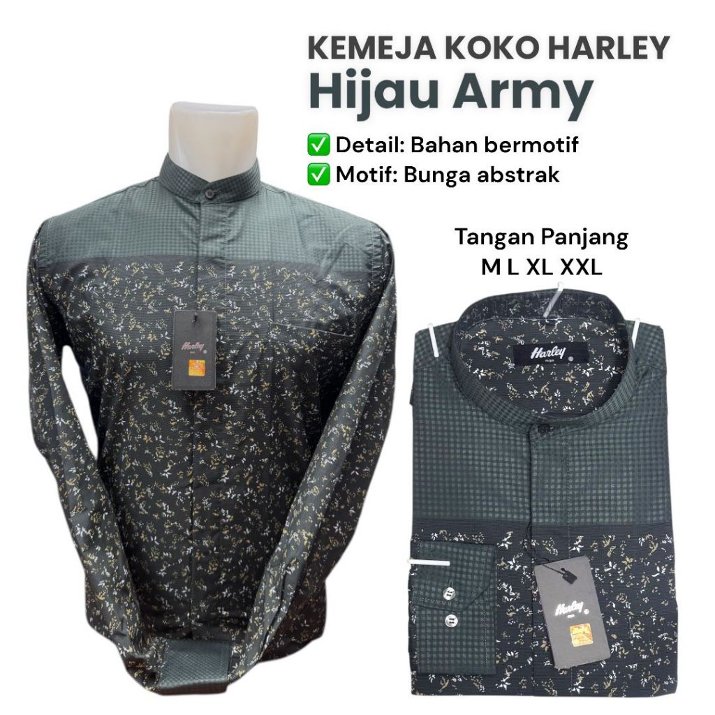 kemeja Koko kemko Harley lengan panjang warna hijau army original terbaru baju muslim terbaru
