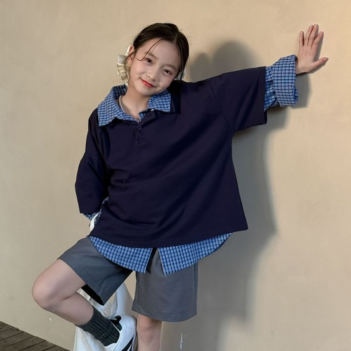 [Saror]Kemeja Kotak-Kotak Biru Kecil Gaya Preppy/polo Kemeja/Celana Pendek Jas