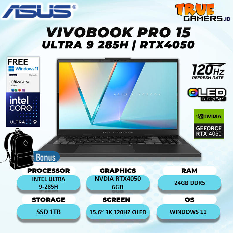 Laptop Asus Vivobook Pro 15 OLED N6506CU Ultra 9-285H RTX4050 6GB/ 24GB 1TB Win 11+OHS 15.6 3k 120Hz