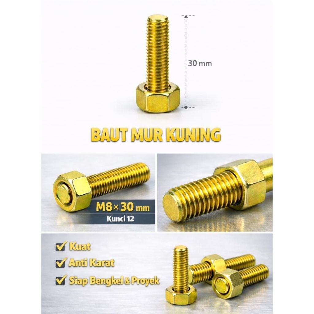 Baut Mur / Mur Baut / Baut M8x30mm / Baut Mur Kuning / Kunci 12