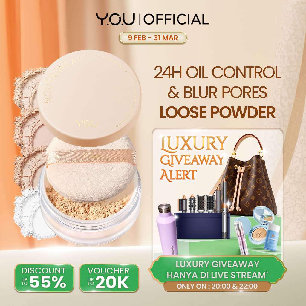 YOU NoutriWear+ Airy Fit Loose Powder Nourishing Oil Control | Bedak Tahan Lama 24 Jam | Bedak Tabur
