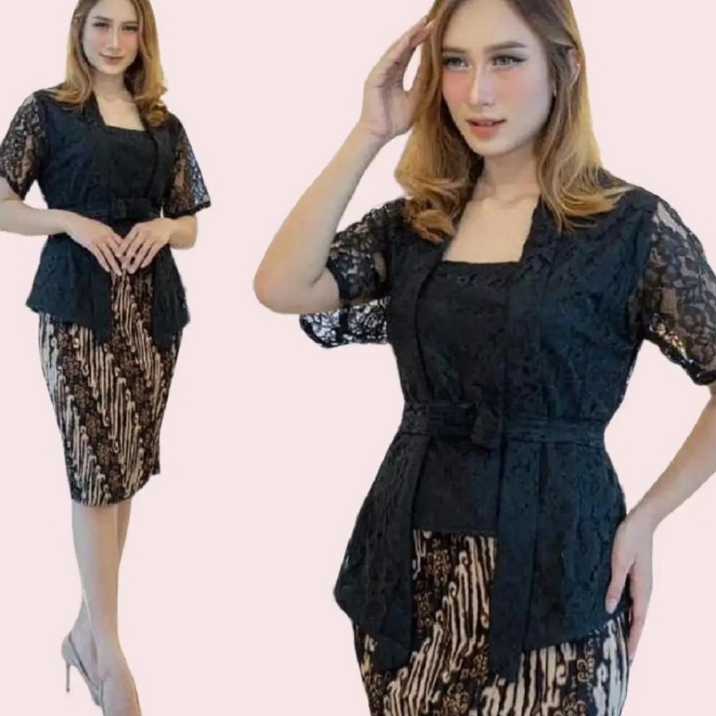 Setelan Kebaya Wanita Model Kutu Baru Lengan Pendek Bahan Brokat Premium Warna Hitam