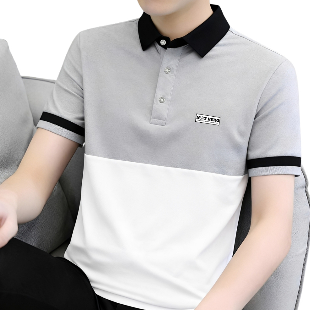 Baju Cowok Berkerah Pria Lengan Pendek Kombinasi Kaos Pria Tshirt Style Korea