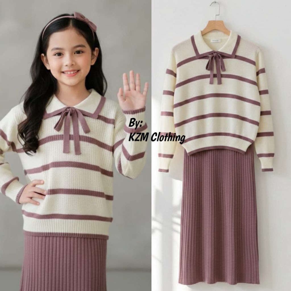Baju Stelan Rajut One Set Rok Sweater Anak Perempuan Usia 6-12 Tahun Lengan Panjang Fashion Lebaran 