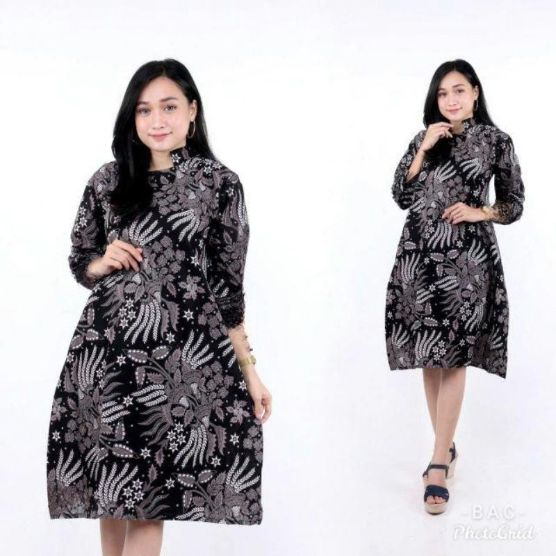 Atasan Batik Wanita Muslim Muslimah Tunik Baju Muslim Modern Navy Biru Kekinian Terbaru