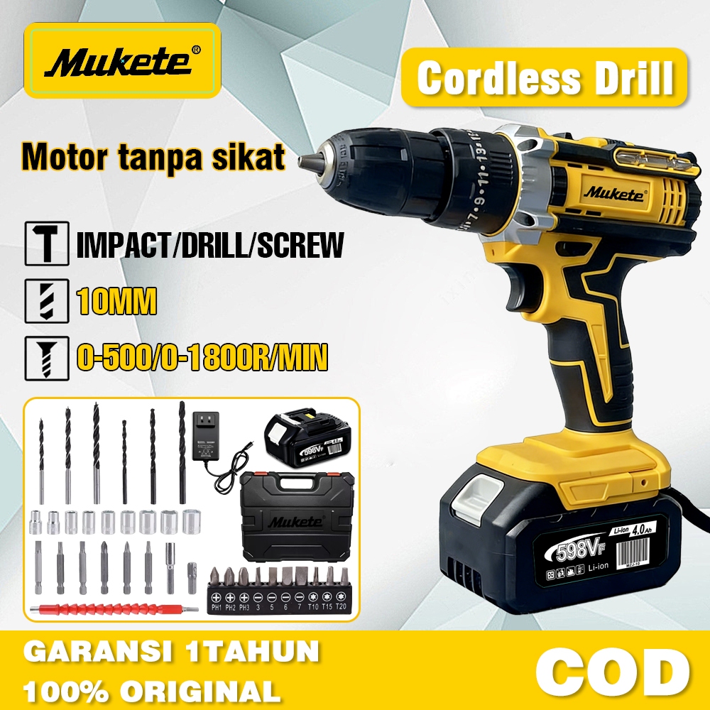 Mukete 1800R/menit Mesin bor baterai 598V mesin bor cordless drill bor tanpa kabel