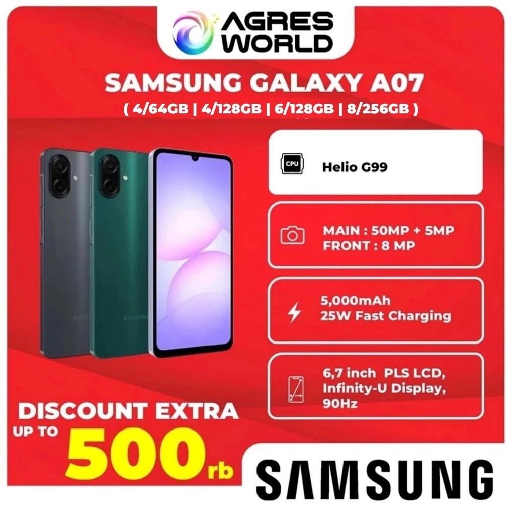 Samsung Galaxy A07 4/64GB | 4GB/128GB | 6GB/128GB | 8GB/256GB Free Adaptor charger Garansi Resmi Sam