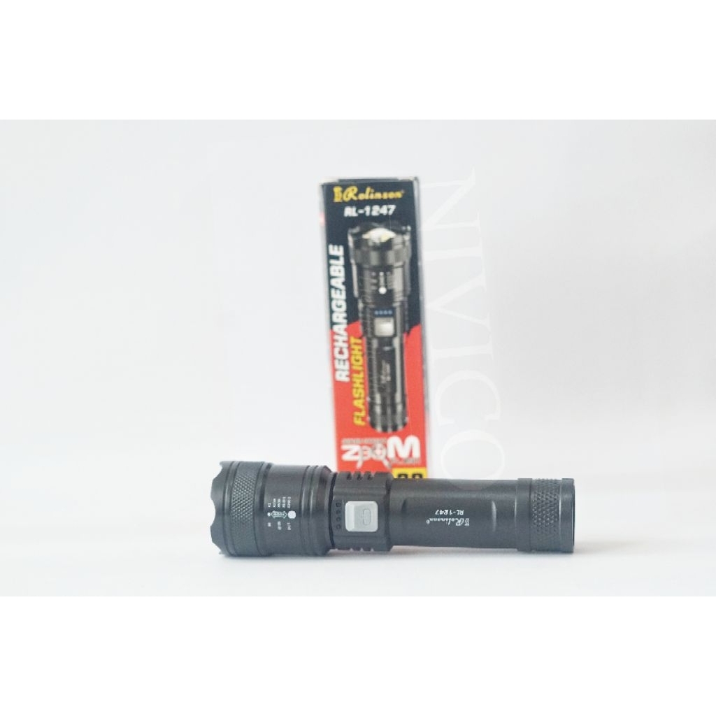 ROLINSON Senter Tangan Zoom Flash RL-1247 Flashlight Emergency Rechargeable dengan Fitur Zoom dan Baterai Isi Ulang