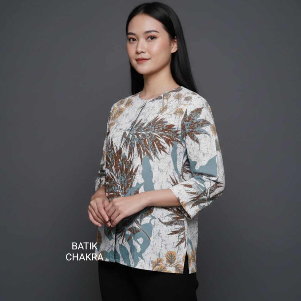 Blus batik wanita modern PUTIH bahan katun lapos full trikot motif terbaru