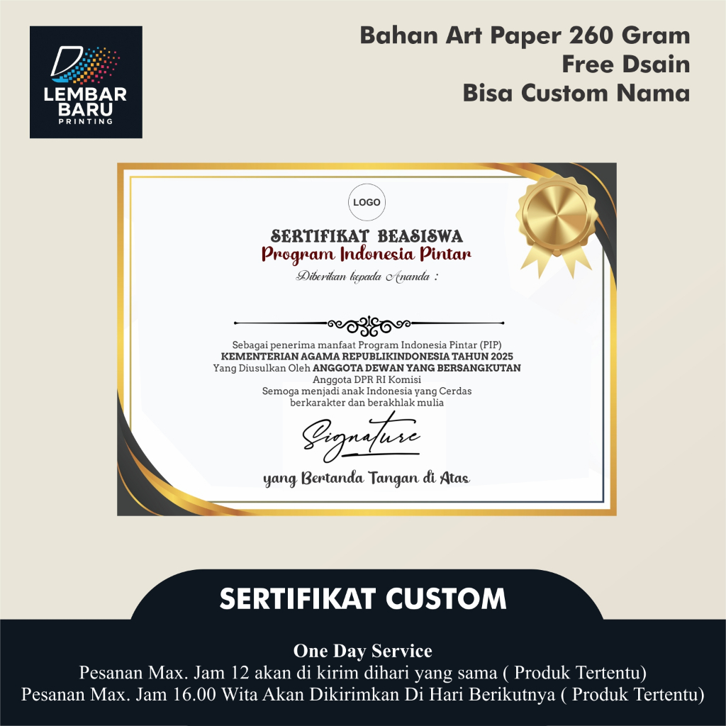 Cetak Sertifikat / Piagam Penghargaan Bahan Art Paper 260 gram