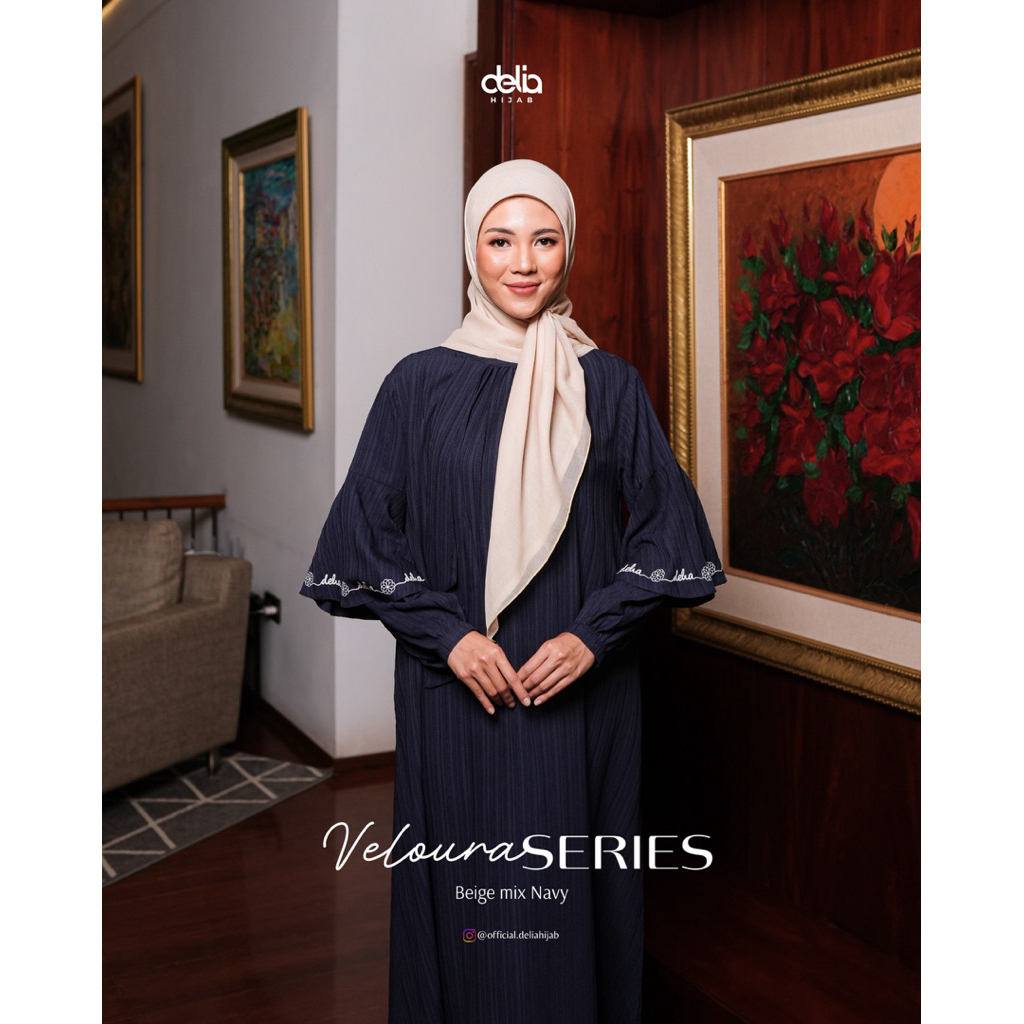 Delia Hijab - Sarimbit Keluarga Veloura Series Beige Mix Navy | Baju Hari Raya Dress Koko Muslim Wan