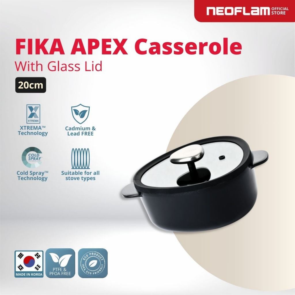 NEOFLAM FIKA APEX Casserole 20cm with Glass Lid Black- Panci Anti Lengket & Tahan Gores, Ceramic Coa