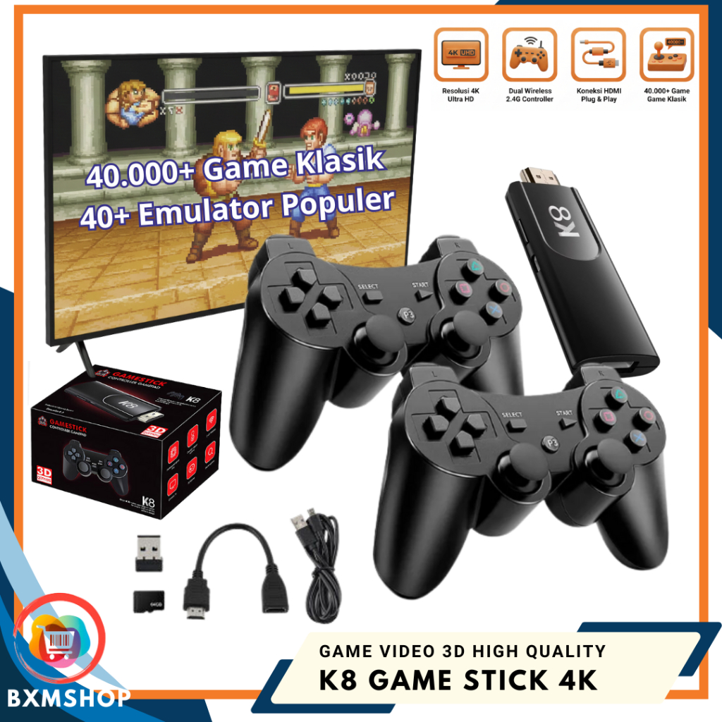 Game Stick K8 4K Retro Console 64GB 40000+ Game 40+ Emulator HDMI Dual Wireless Controller Plug Play