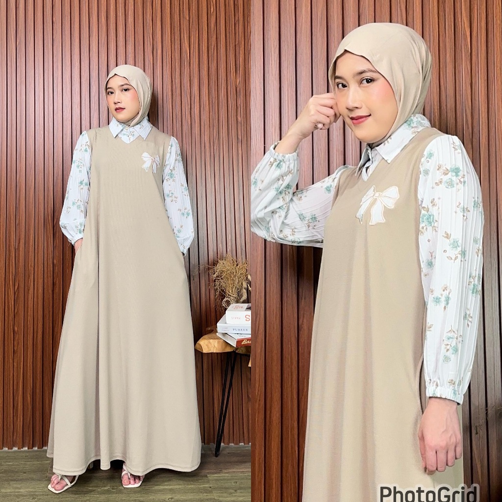 Gamis Midi Dress Knit mix Crinkle Motif Bunga
