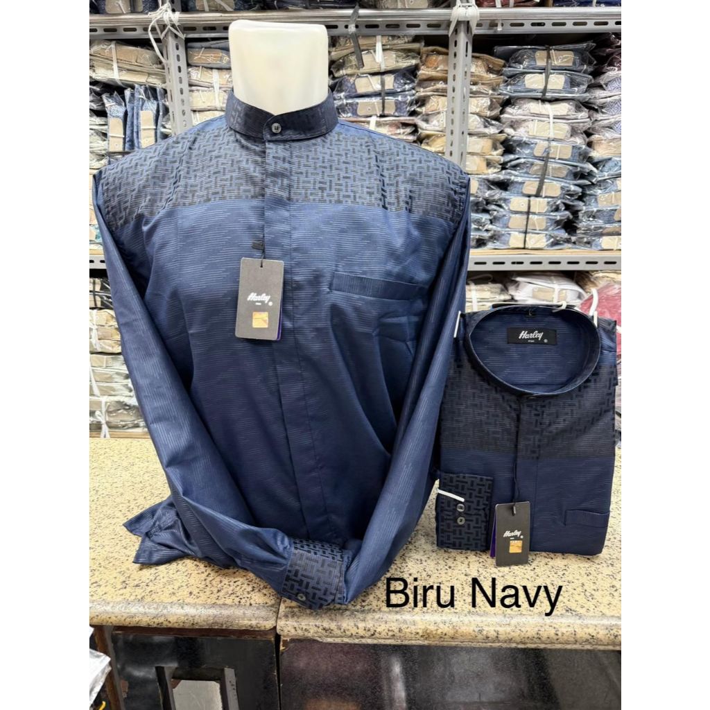 Baju Kemeja Koko Harley Lengan Panjang Ukuran JUMBO BIG SIZE XXL Warna Biru Navy Bahan Katun