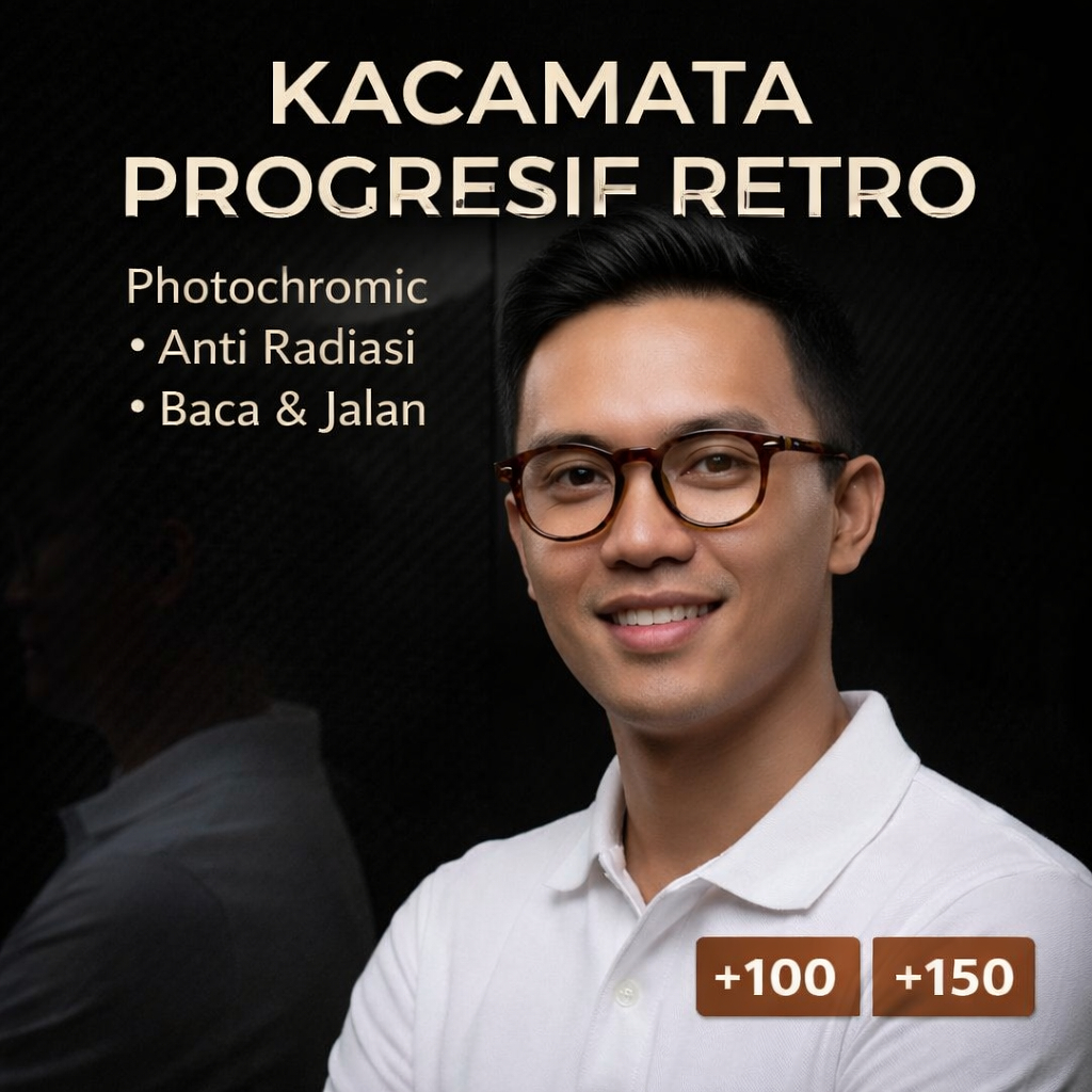 Kacamata Baca dan jalan Progresif Photochromic Antiradiasi Frame Retro Oval Kaca Mata Plus +100+150