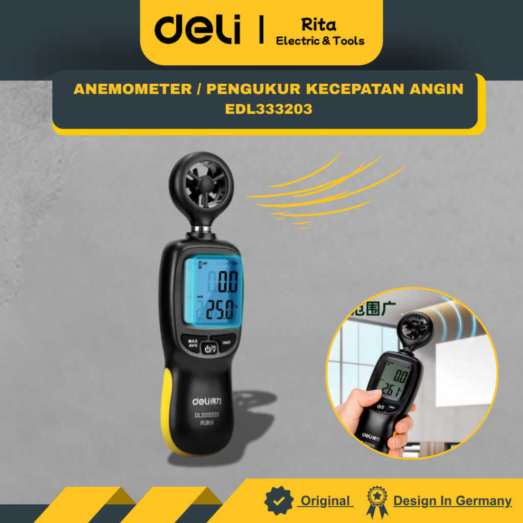 Deli Tools Digital Anemometer / Pengukur kecepatan angin. Thermometer Angin DL333203 (DELI TOOLS)