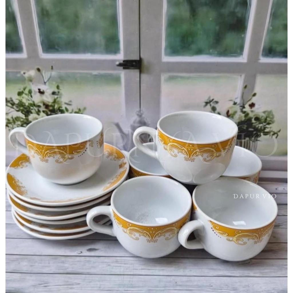 1 SET GELAS KERAMIK MOTIF MAHKOTA KUNING SUNDBIRD 1 SET ISI 6 GELAS + 6 TATAKAN FOOD GRADE