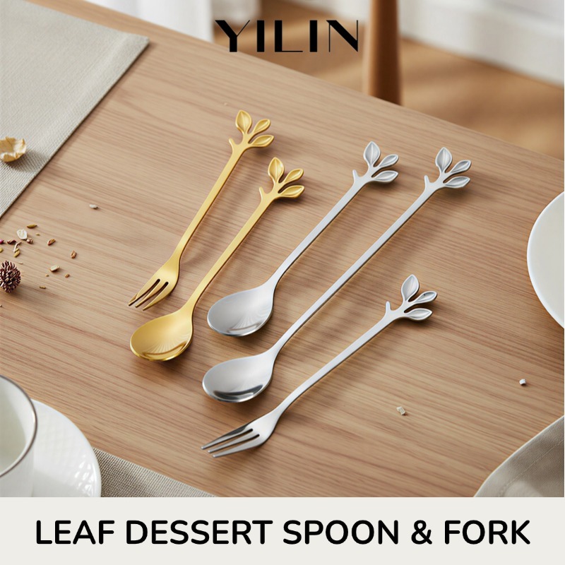 Sendok Garpu Kecil Stainless Motif Daun - Alat Makan Kue Buah Puding Dessert Tea Spoon Unik