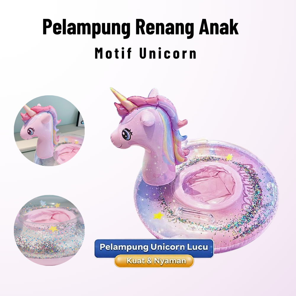 Pelampung Ban Renang Anak Usia 1-8 Tahun Size 70cm Pelampung Anak Unicorn Glitter Premium