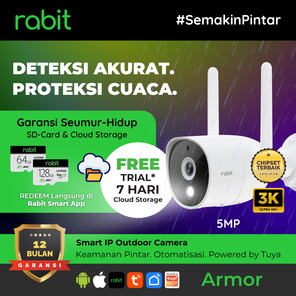 RABIT SMART IP CCTV OUTDOOR WIFI WATERPROOF 3K 5MP STATIC ARMOR