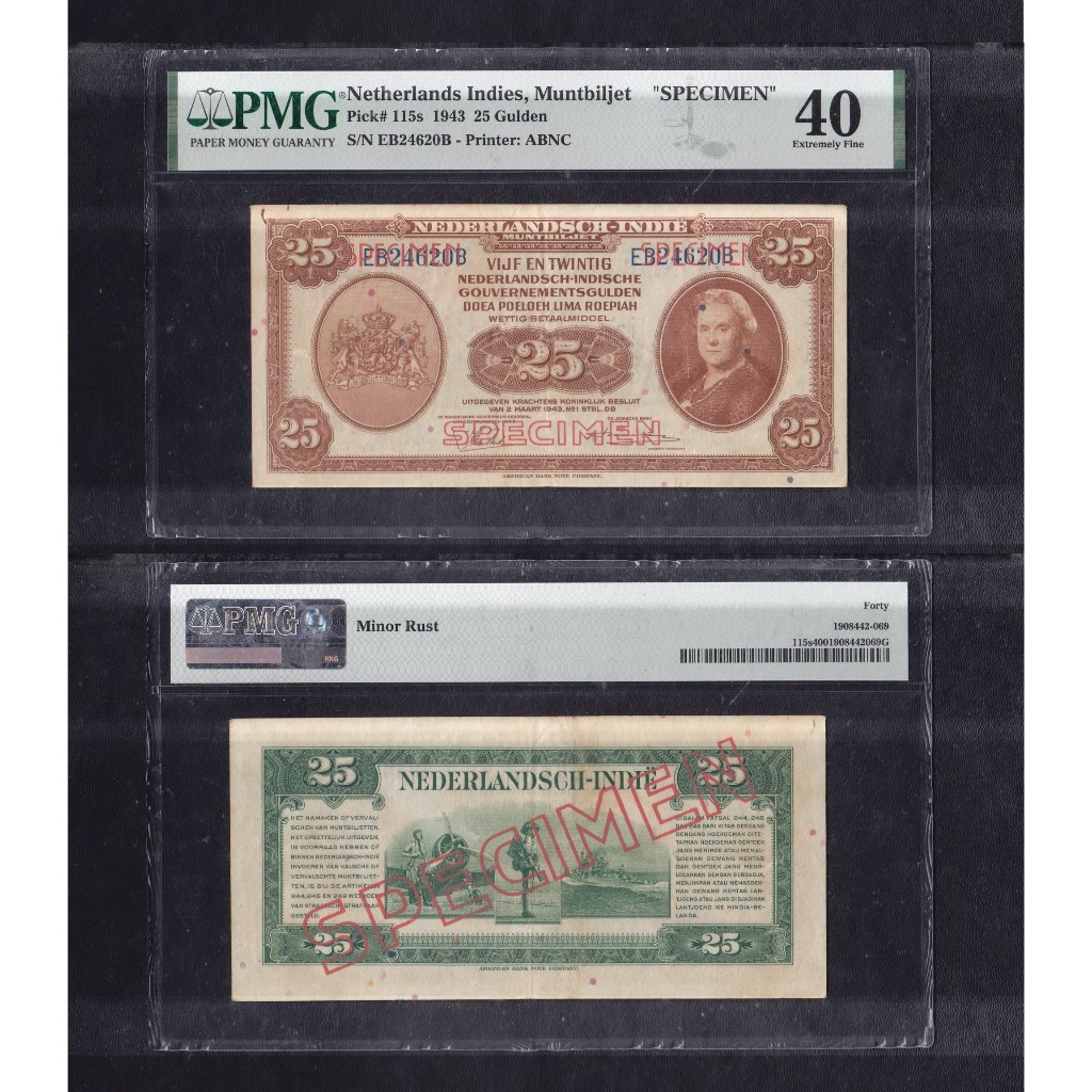 Uang kuno PMG 40 - 25 rupiah Gulden NICA tahun 1943 #SPECIMEN