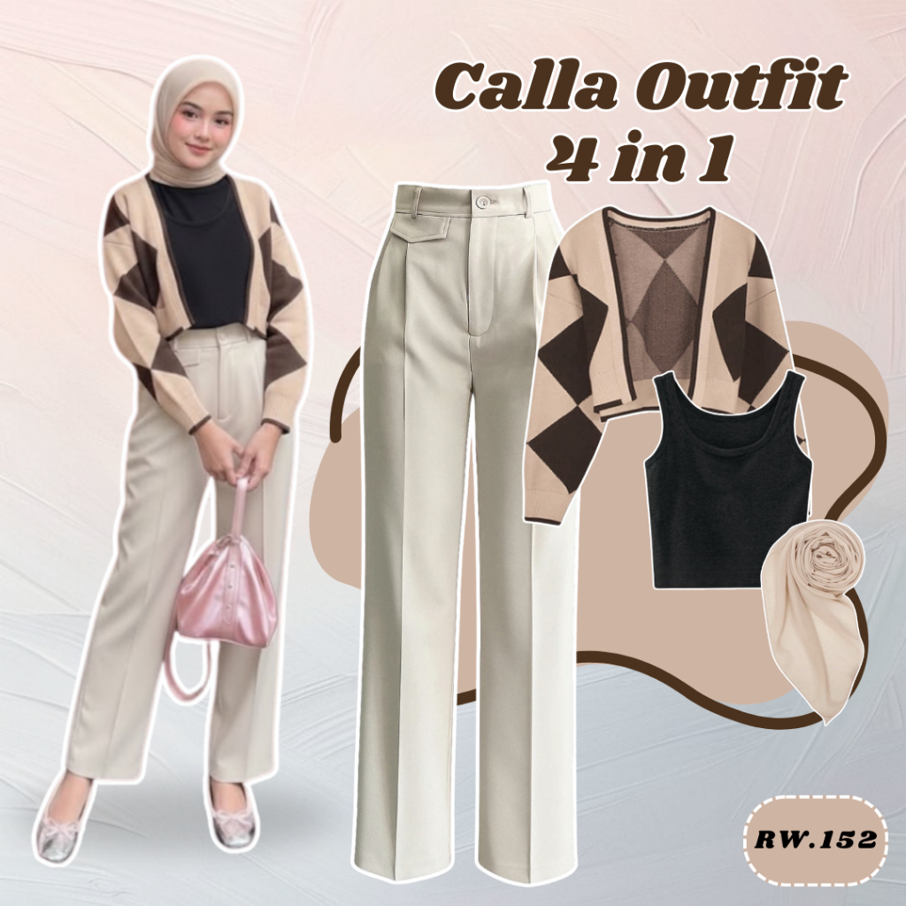 4in1 Setelan Remaja Wanita Korean Style Kekinian | Cardi Motif Abstrak + OroSemiwoll + Inner Tanktop