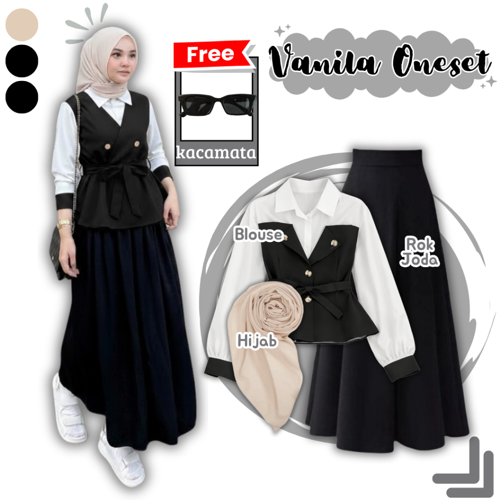 Vanila Oneset Wanita Hijab 3in1 ( Blouse, Rok Joda, Bella Square ) OOTD Korean Style Kekinian W-012