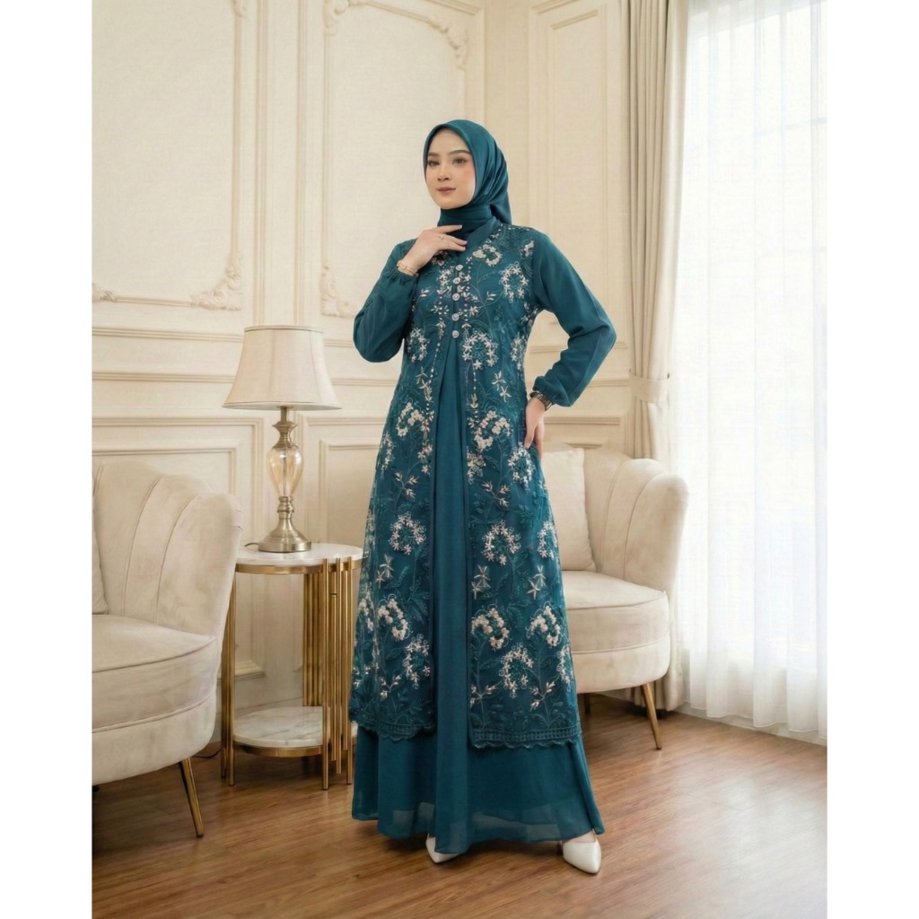 Syifa Dress Emerald Blue / Gamis Lebaran / Seragaman Pesta / Gamis Modern / Gamis Kondangan / Gamis 